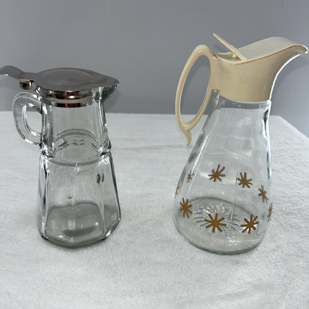2 Syrup Pours Vintage 1960's Log Cabin Glass Pitcher Dispenser + 1 Off Brand